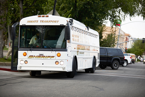 Prescott, Arizona, USA; - September 11, 2020:  Yavapai County Sheriff's department inmate transport bus parked in downtown Prescott in preparation for a possible riot.
