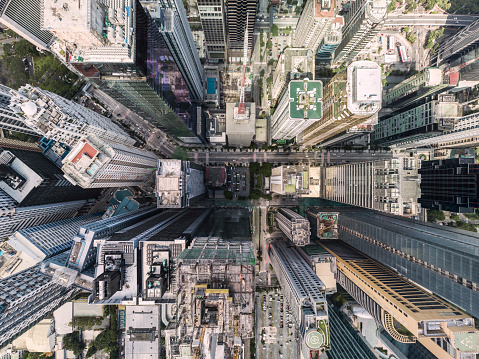 Ortigas, Metro Manila, Philippines - July 2020: Bird's eye view of Ortigas cityscape. Looking down at highrises.