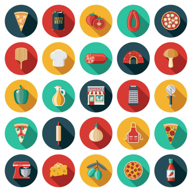 Pizzeria Shop Icon Set A set of flat design icons. File is built in the CMYK color space for optimal printing. Color swatches are global so it’s easy to edit and change the colors. pizza cutter stock illustrations