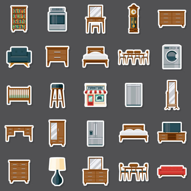 ilustrações, clipart, desenhos animados e ícones de conjunto de adesivos da loja de móveis - side table illustrations