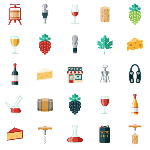 wine shop icon set - decanter wine wineglass red wine stock-grafiken, -clipart, -cartoons und -symbole