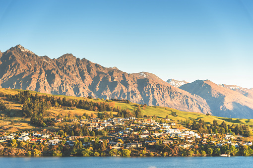 Queenstown, New Zealand - October 25 2015 ;Sunset View of Queenstown and Lake Wakatipu from apartment,house at sunset Queenstown south island New zealand