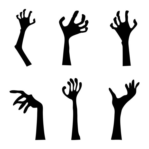 ilustraciones, imágenes clip art, dibujos animados e iconos de stock de conjunto de mano de zombi extendido desde el suelo. brazo humano. para la decoración de la fiesta de halloween - zombie halloween cemetery human hand