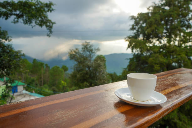 istock Cup with tea on table over mountains landscape with clouds. Beauty nature background 1272912273