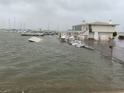 Corpus Christi, Texas—USA: Boats destroyed at harbor during Hurricane Hanna