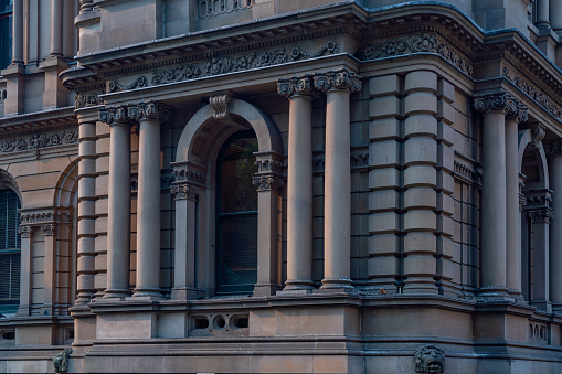 Madison, Wisconsin - United States - November 7th, 2022: Exterior of old bank building in Madison, Wisconsin, USA.