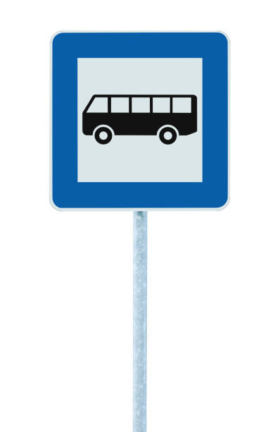 Bus stop road sign, grey pole post, traffic roadsign, blue isolated signage, large vertical closeup stock photo