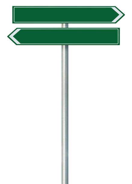 istock Right left road sign, blank empty this way route direction pointer, green isolated roadside signage copy space, white traffic arrow frame, grey pole post 1272921119