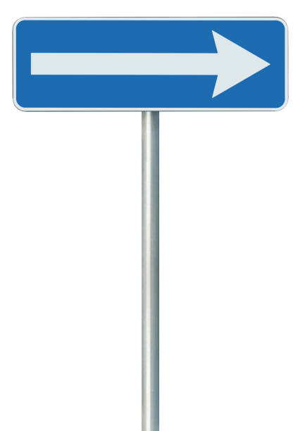 istock Right traffic route only direction road sign turn pointer, blue isolated roadside signage, white arrow icon and frame roadsign, grey pole post 1272921145