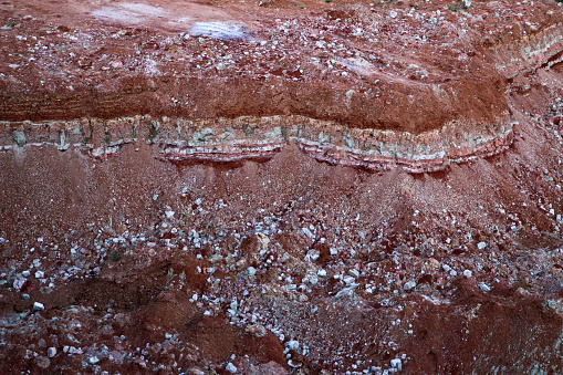 Palo Duro Canyon State Park, Texas, USA: eroded cliff side - Geologic time periods marked by major changes in the fossil record - rock strata covering the Permian age, Triassic age, Miocene-Pliocene age and at the top the Quaternary age - this cliff includes the Permian-Triassic (P-T) extinction boundary, colloquially known as the Great Dying, that took place about 248 million years ago. The extinction was caused by climate change. The main cause of extinction was the vast amount of carbon dioxide emitted by volcanic eruptions that created the Siberian Traps, which elevated global temperatures and acidified the oceans. Geological time scale, part of the Caprock Escarpment - Texas Panhandle.