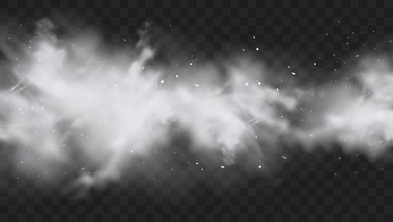 White snow explosion with particles and snowflakes splash isolated on transparent dark background. White flour powder explosion, Holi paint powder. Smog or fog effect. Realistic vector illustration.