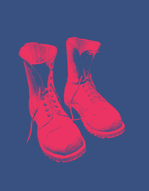 ilustrações de stock, clip art, desenhos animados e ícones de red boots shoe vintage glyph drawing isolated on blue bg - combat boots