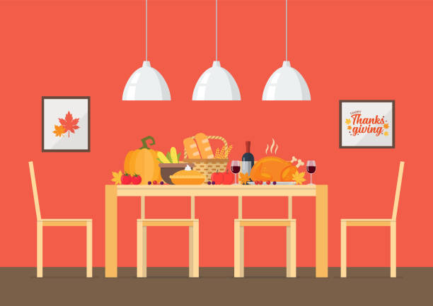 thanksgiving-tag einladung mit innen-esszimmer - thanksgiving symbol turkey apple stock-grafiken, -clipart, -cartoons und -symbole