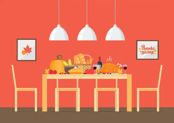 Vector illustration of Thanksgiving day invitation with Interior dining room