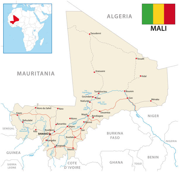 ilustrações de stock, clip art, desenhos animados e ícones de vector road map of the republic of mali with flag - niger river