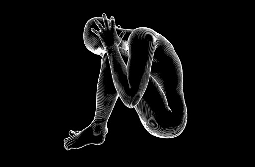 Monochrome vintage engraved negative drawing abstract of a naked  man sitting on the ground and put the hands off ears in concept of depression in men vector illustration isolated on dark background