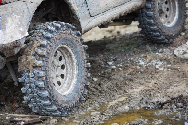 istock Muddy off road tire on a 4x4 car 1272933721