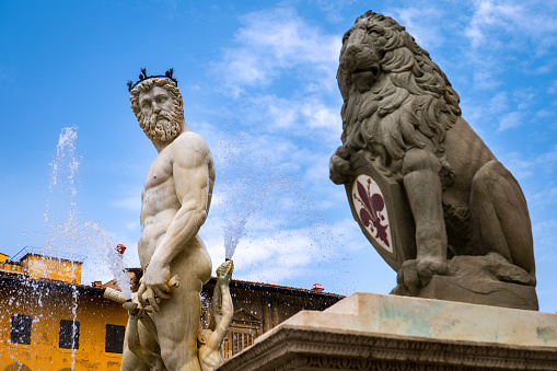 Florence, Italy -- A detailed view of the fountain of Neptune, the work of the artist Bartolomeo Ammannati in 1563, much loved by the Florentines and lovingly called \