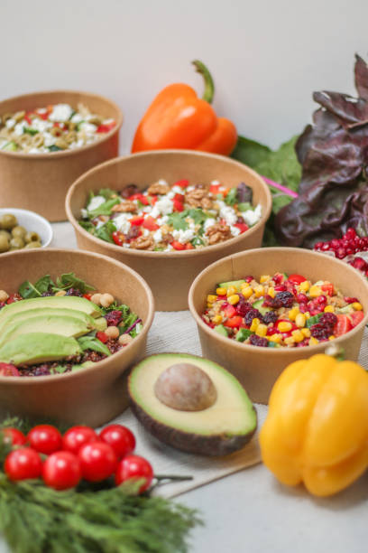 Healthy takeaway salad bowls in recyclable containers