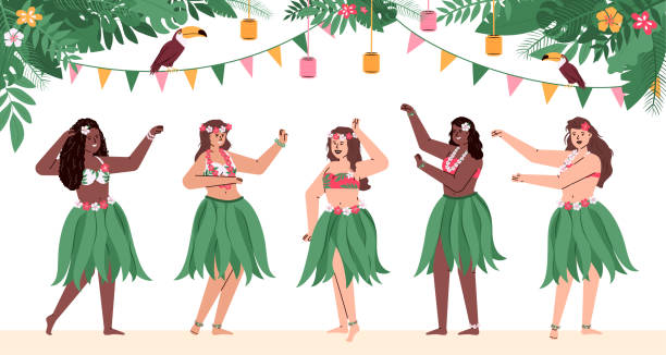 illustrations, cliparts, dessins animés et icônes de groupe de filles hawaïennes dans l’illustration traditionnelle de vecteur de danse de hulu - hawaii islands big island beach hawaiian culture