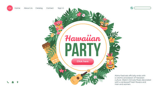 aloha hawaiian party website schnittstelle mit tropischen blättern, flache vektor-illustration. - hawaii islands luau hula dancing hawaiian culture stock-grafiken, -clipart, -cartoons und -symbole