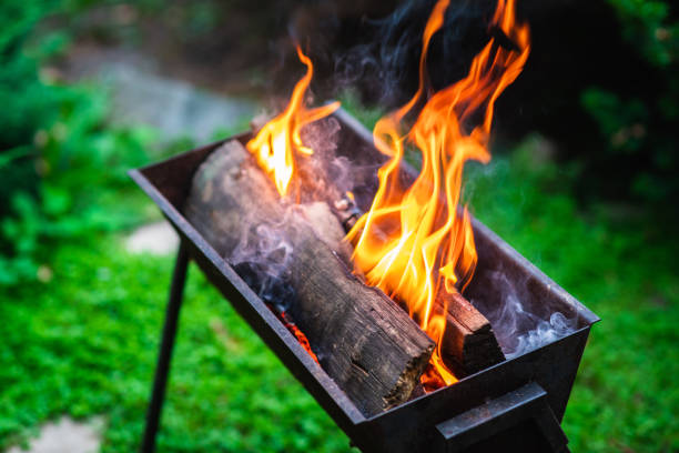 istock Old braizer with burning firewood on the backyard 1272938503