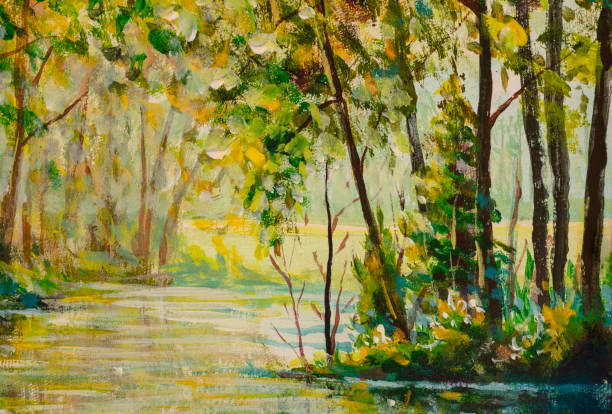istock River in a sunny autumn forest.Picture illustration created with watercolors, oil paint 1272938709