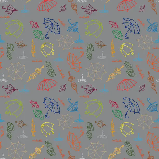 Vector illustration of Vector seamless pattern of colored umbrellas in doodle style on a gray background.