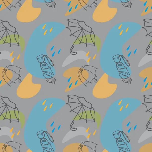 Vector illustration of Vector seamless pattern in doodle style umbrella and raindrops on a gray background with blue and yellow spots. Autumn mood.