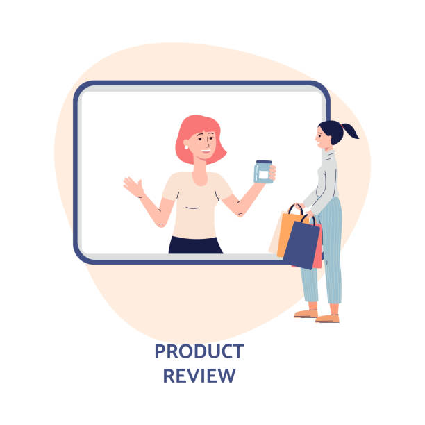 Girl watches online video tutorial shopping overview a vector illustration Girl watches online video tutorial shopping overview. Female vlogger on tv screen doing review product. Content for internet channel. Flat vector isolated illustration clip art of a teen webcam stock illustrations