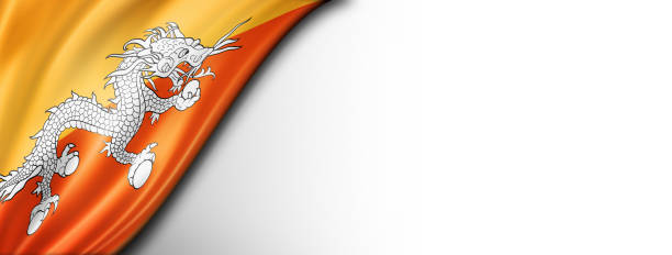 Bhutan flag isolated on white. Horizontal panoramic banner.