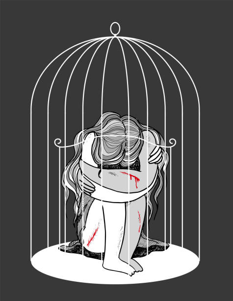 ilustrações de stock, clip art, desenhos animados e ícones de self-harming teenager locked in a cage, illustration - harming