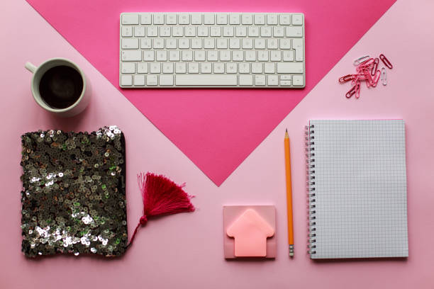 istock Organized working desk in pink color 1272944138