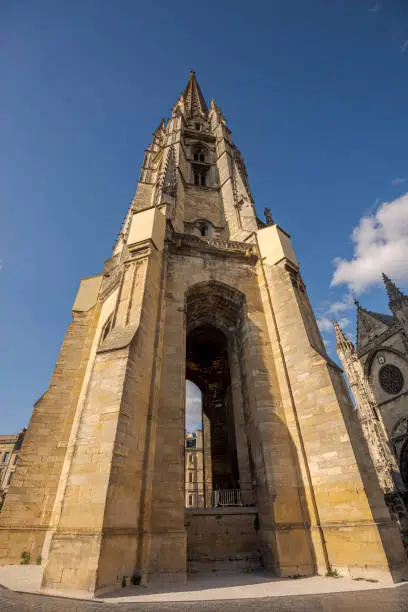 Bell tower of the basilica of Saint Michael, in Bordeaux, France. This separate tower, which is 114 meters tall, was built in the 15th century