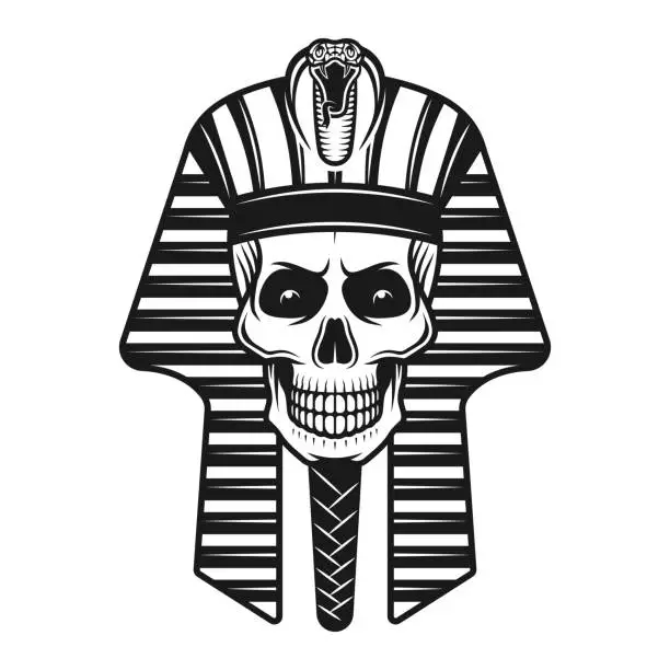 Vector illustration of Pharaoh skull, egyptian ancient vector illustration in vintage monochrome style isolated on white background