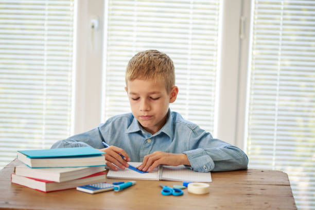 istock Diligent teenage boy doing geometry homework 1272947555