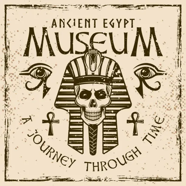 Vector illustration of Pharaoh with headline museum of ancient egypt colored emblem, label or banner on background with grunge textures and frame vector illustration
