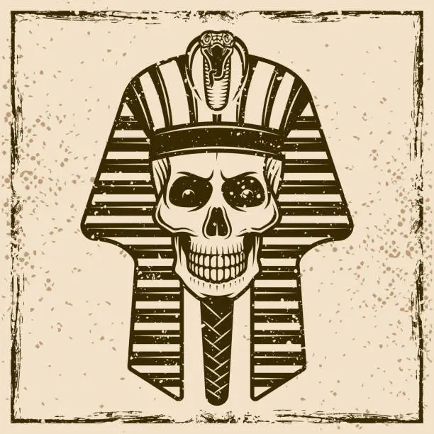 Vector illustration of Egyptian pharaoh skull head vector colored detailed illustration on background with grunge textures and frame