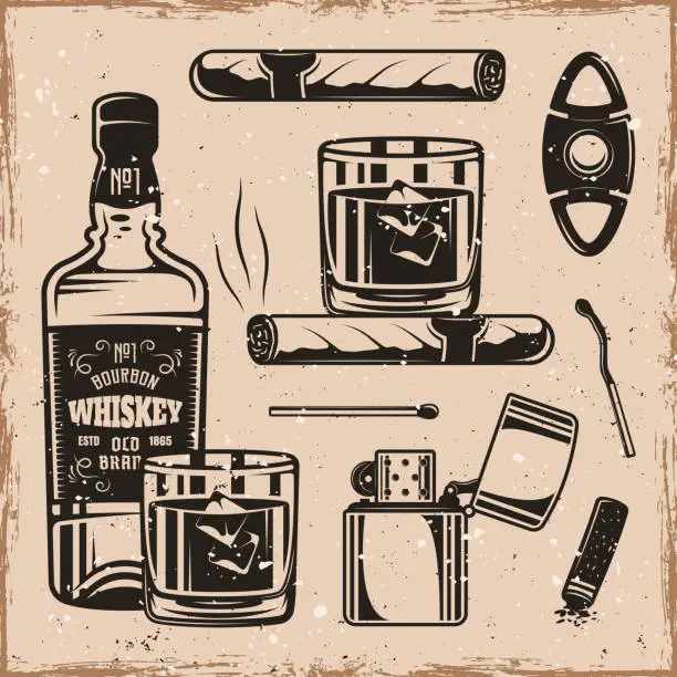 Vector illustration of Whiskey and cigars set of vector monochrome design elements, objects, symbols on background with grunge textures