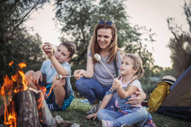 madre e hijos asando malvaviscos en la fogata - camping family vacations eating fotografías e imágenes de stock