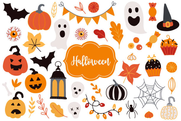 ilustrações, clipart, desenhos animados e ícones de jogo de halloween - abóbora, guirlanda, fantasma, morcego, aranha, teia, folhas, doces - bat halloween spider web spooky