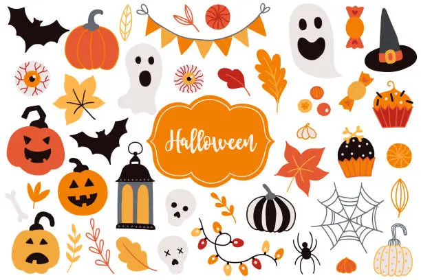 Vector illustration of Halloween set - pumpkin, garland, ghost, bat, spider, web, leaves, candy