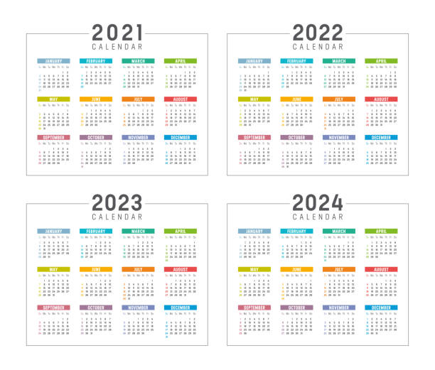 Years 2021 2022 2023 2024 colorful calendars Years 2021 2022 2023 2024 colorful calendars set, isolated on white, weeks start Sunday. Vector templates. 2024 stock illustrations
