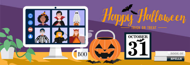 illustrazioni stock, clip art, cartoni animati e icone di tendenza di bambini in halloween vestire video incontri a casa. vettore - party background video