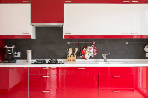 red and white modern kitchen stock photo