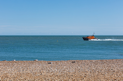 Eastbourne, United Kingdom - Sept 05, 2020: RNLI rescue boat demonstrating their skills during the Eastbourne.