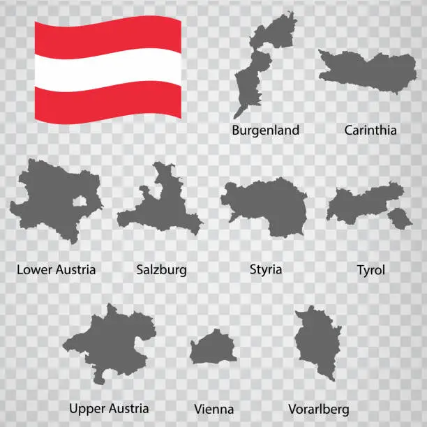 Vector illustration of Nine Maps  Provinces of Austria - alphabetical order with name. Every single map of Province are listed and isolated with wordings and titles. Republic of Austria. EPS 10.