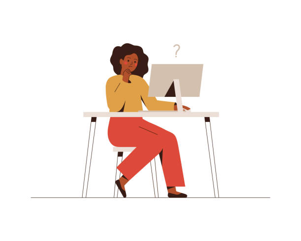 ilustrações de stock, clip art, desenhos animados e ícones de thoughtful african businesswoman works at the computer and thinks or solves the problem. - desk