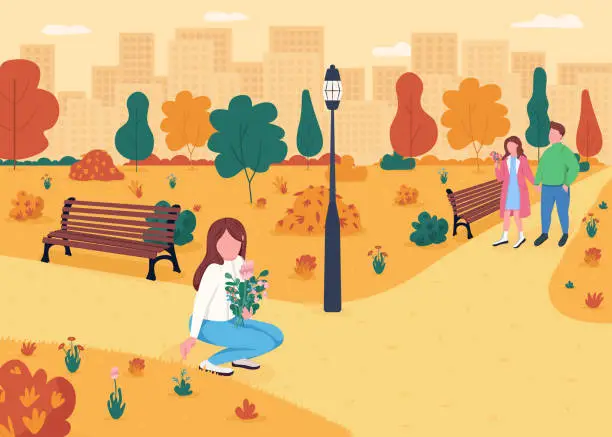 Vector illustration of People in autumnal park flat color vector illustration
