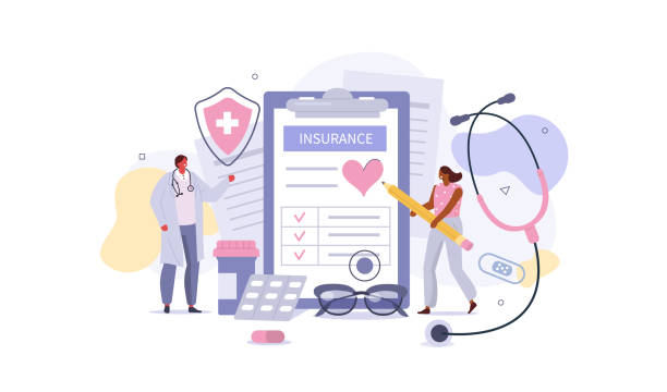 health insurance Doctor and Patient in Hospital Office filling Health Insurance Contract. Near lying Medical Pills, Capsules, Stethoscope and other Medical Staff. Healthcare Concept. Flat Cartoon Vector Illustration. health insurance stock illustrations